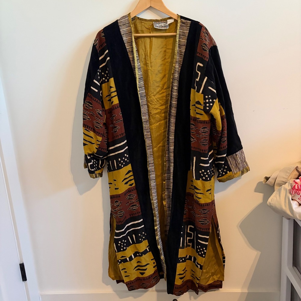 Vintage Mulato Velvet Tribal Print Duster Robe Metallic Gold Trim Black Gold